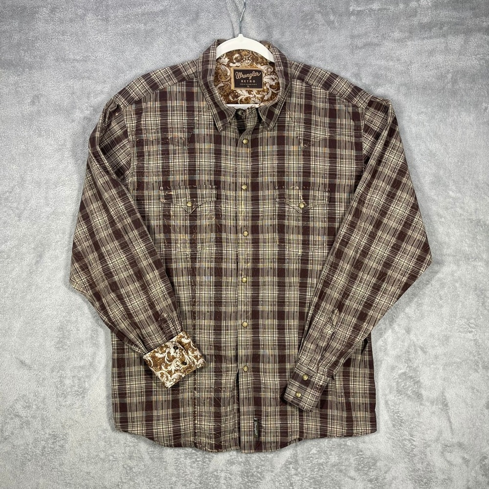 Wrangler Retro Western Shirt Mens XL Brown Plaid Distressed Snap Long Sleeve